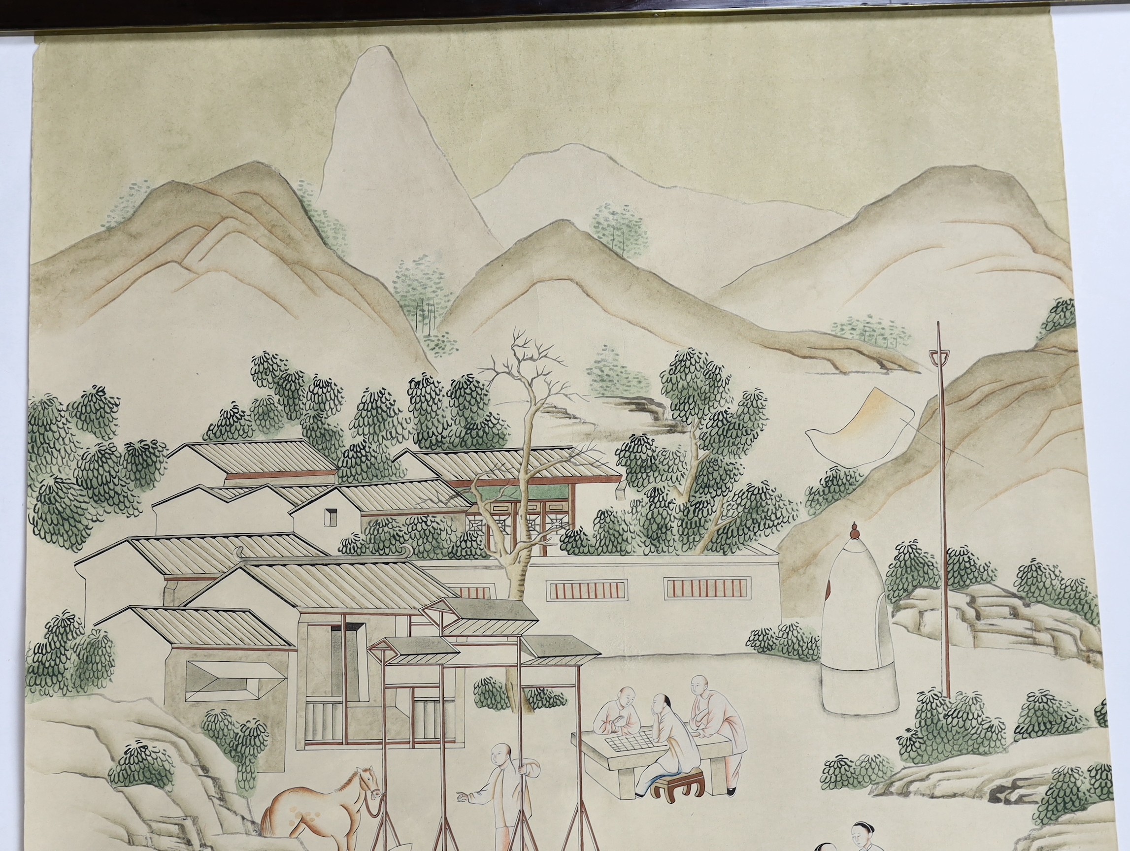 A Chinese painted wallpaper panel, c.1800, 148cm x 78cm